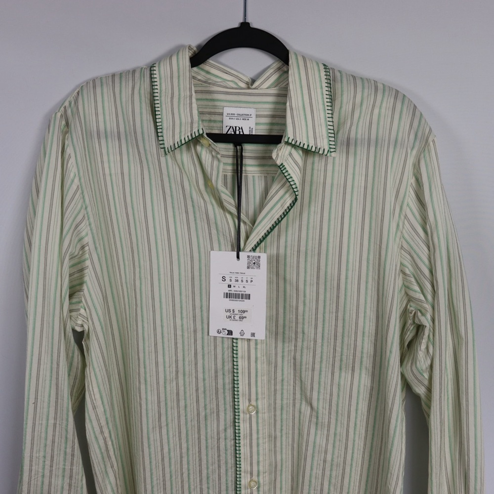 Zara Green Striped Button Up Shirt Men’s Small NWT Lightweight Casual - Picture 10 of 10